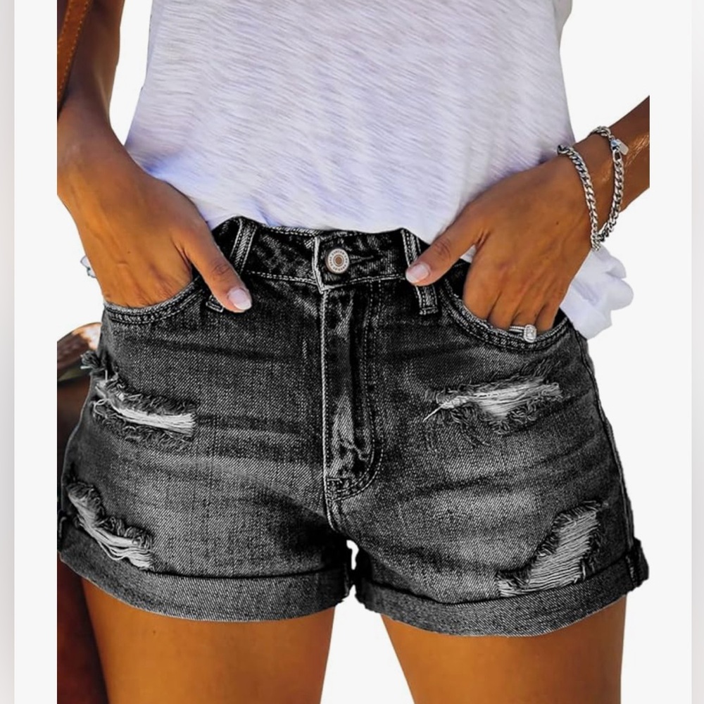 Distressed Black Denim Shorts
